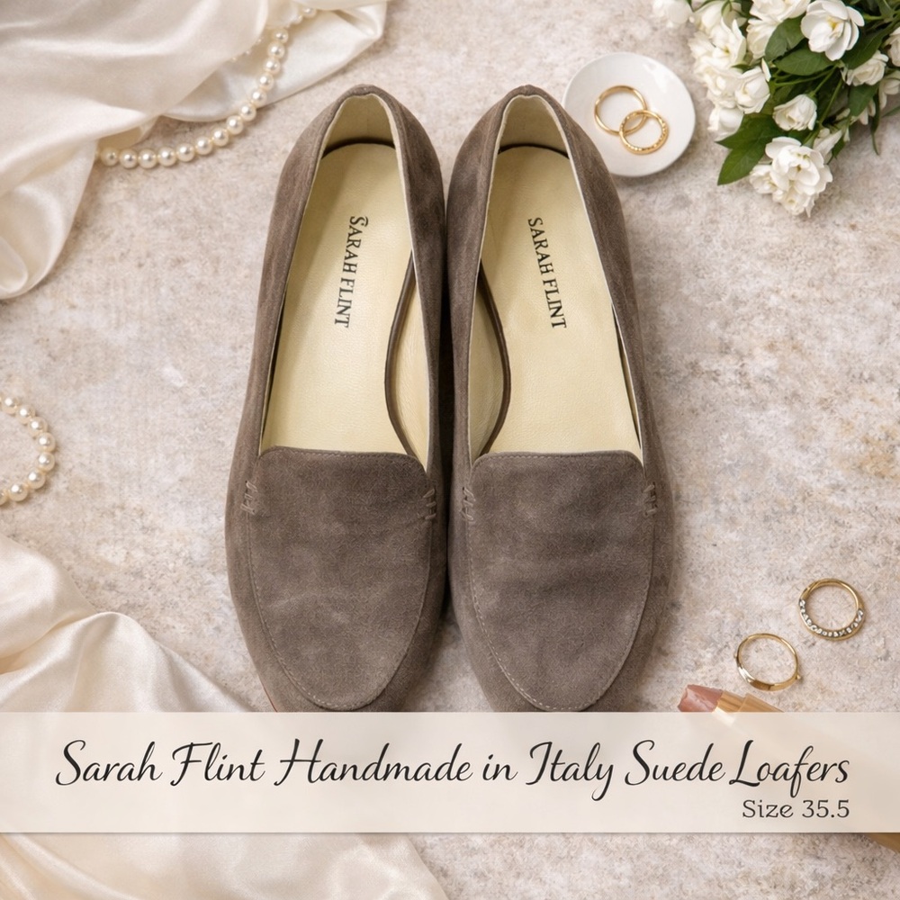 Sarah Flint Handmade in Italy Suede Loafers Taupe Size 35.5